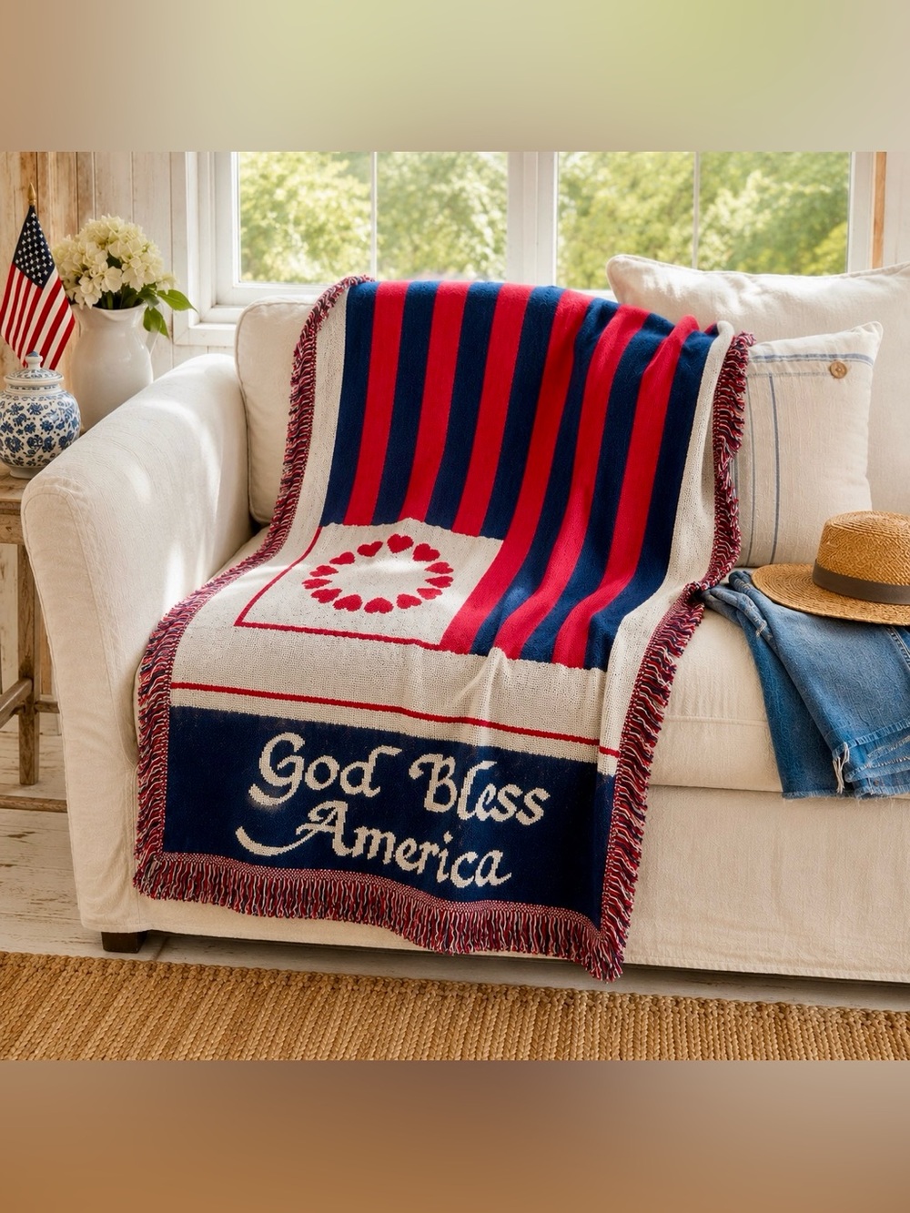 Vintage Americana God Bless America Woven Cotton Fringe Tapestry Wall Decor